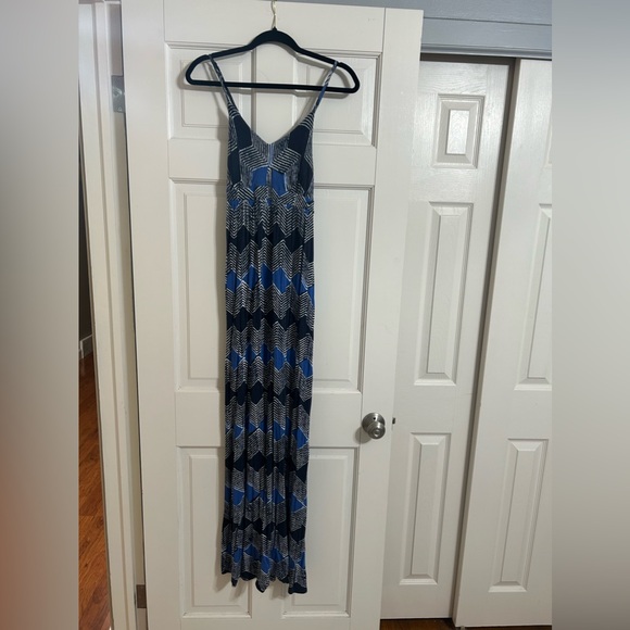 LOFT | navy blue patterned maxi dress w/adjustable straps & cross-cross back - Picture 1 of 5